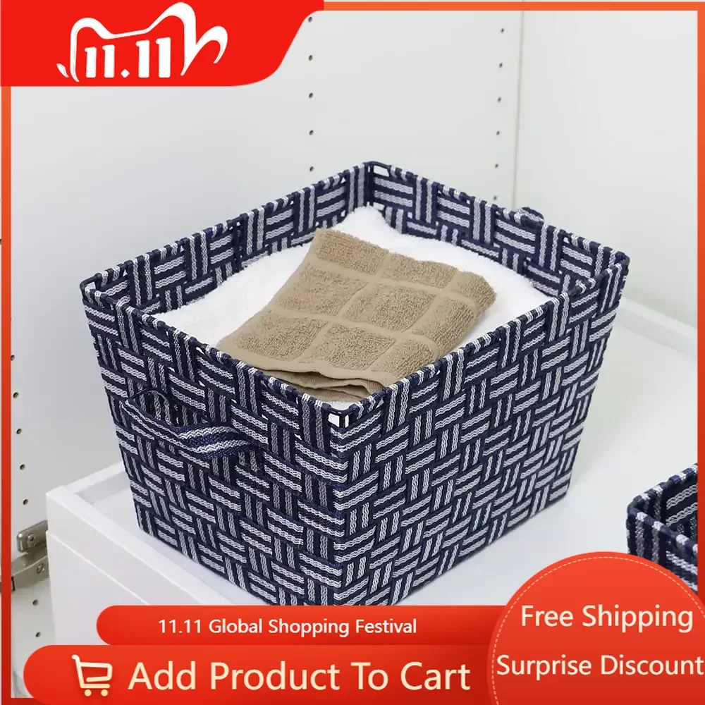 

Free Shipping Stripe Medium Woven Strap Open Bin, Blue