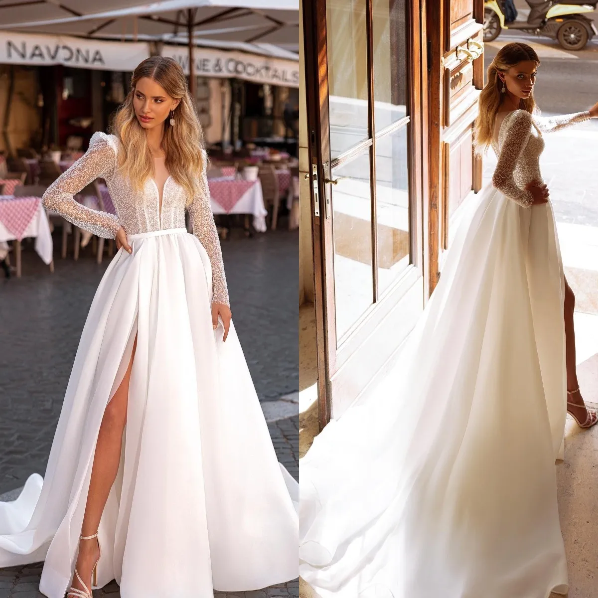 

Блестящие Свадебные платья с длинным рукавом и блестками с высоким разрезом