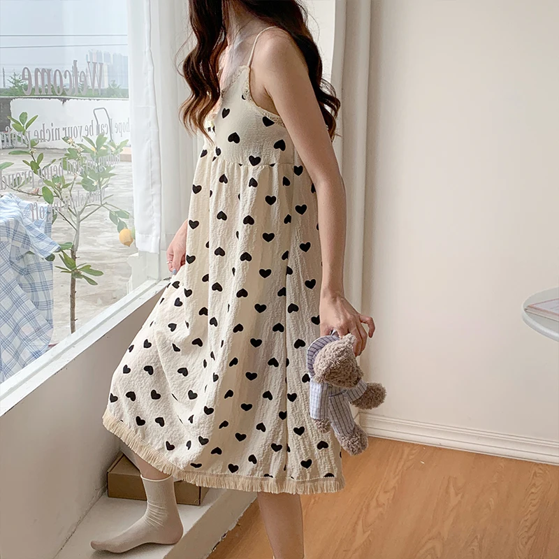 CAIYIER Summer Cute Cartoon Nightwear Korean Sweet Soft Sling Sleep Dress Kawaii Cotton Linen Women Nightgowns With Chest Pad