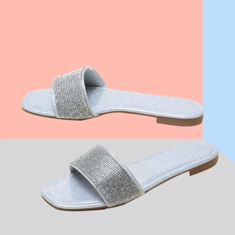 Women's shoes New golden rhinestone fish mouth sandals European and American large size women's sandals shiny flat slippers