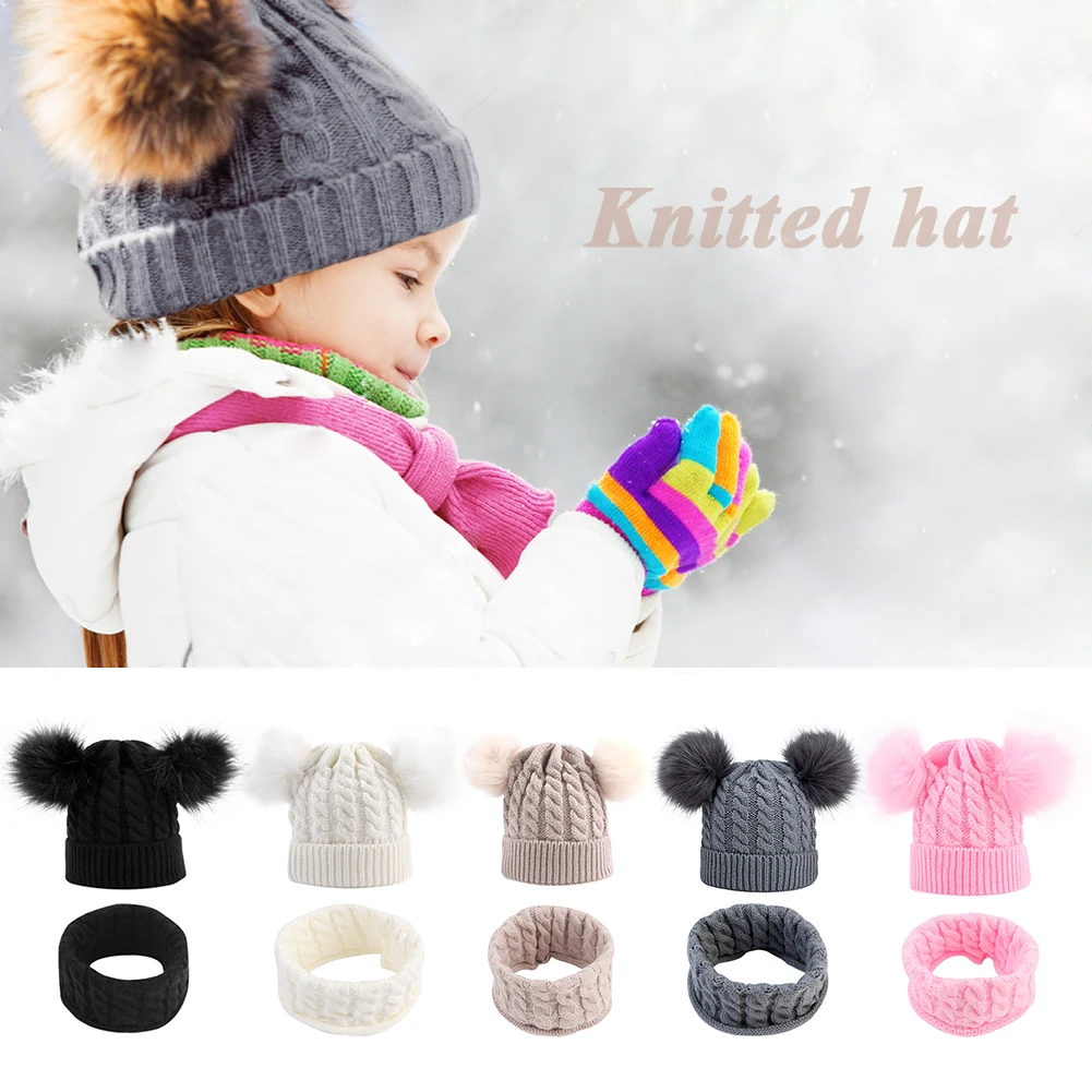 

1set Baby Hat Scarf Solid Color Knitted Hairball Hat Kids Gifts Furry Beanie Cap Comfortable Children Portable Elements