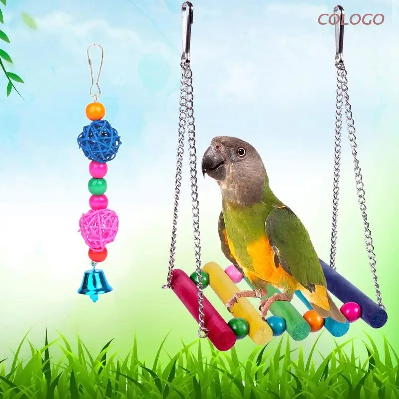 

10 Pieces Bird Toys Parrot Swing Chew Toy Ladder Hanging Hammock Wood Perch Bell Ball for Conure Finch Mynah Lovebird