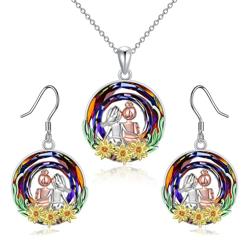 

Fashion Creative Women's Temperament Jewelry Colorful Round Crystal Jewelry Set Engraving Anime Sisters Silver Necklace Earrings