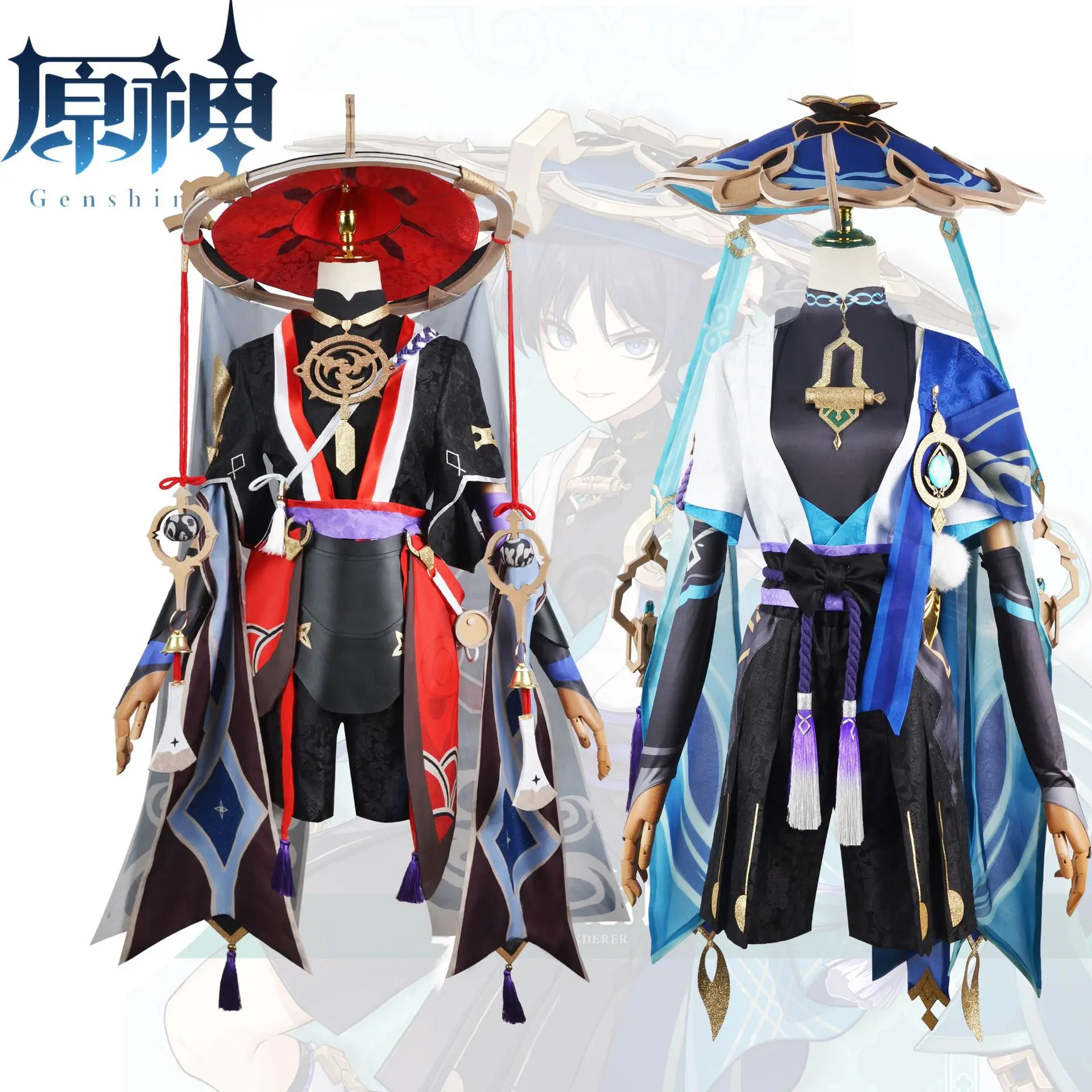 

Anime Genshin Impact Red Blue Scaramouche Cosplay Costume Wanderer Genshin Impact Cosplay Scaramouche Costume Hat Shoes Wig