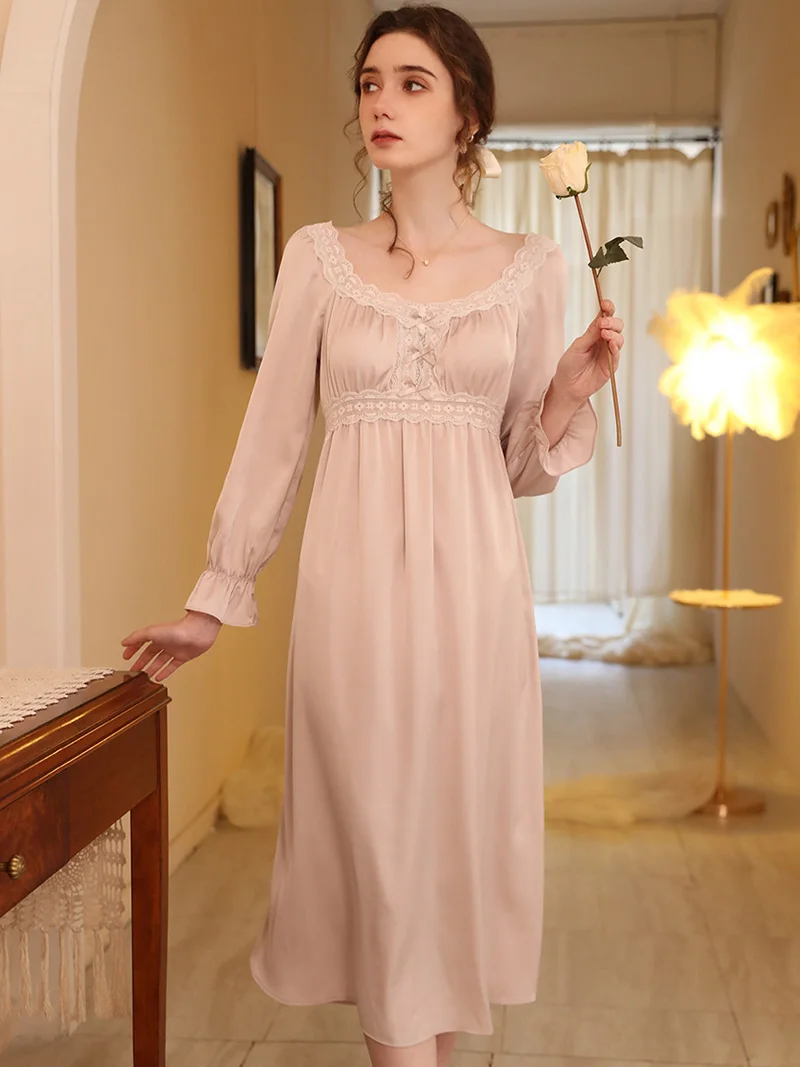Women Spring Summer French Silk Lace Hollow Out Long Sleeve Nightdress Sexy Nightgowns Victorian Vintage Princess Sleepwear