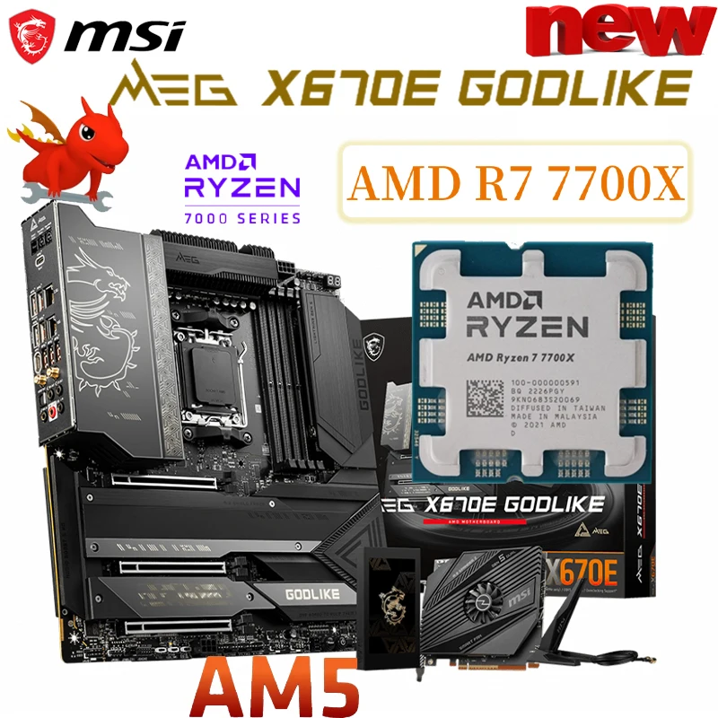 

MSI MEG X670E GODLIKE AM5 Motherboard + AMD Ryzen 7 7700X CPU Kit Supports DDR5 128GB PCIe 5.0 M.2 WiFi 6E RGB ATX Placa Mãe New