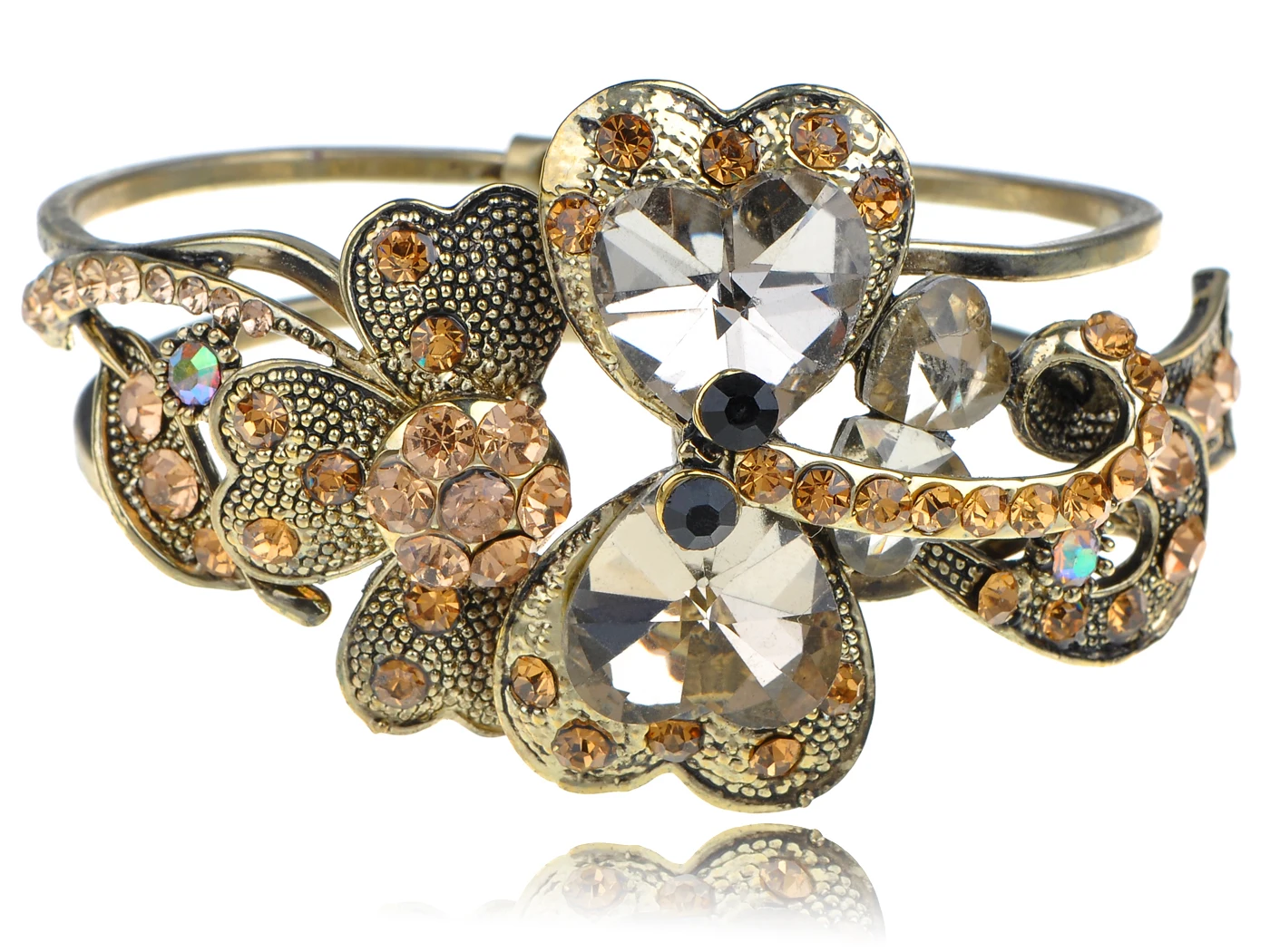 Golden Tone Topaz Heart Flower Dragonfly Bangle Bracelet