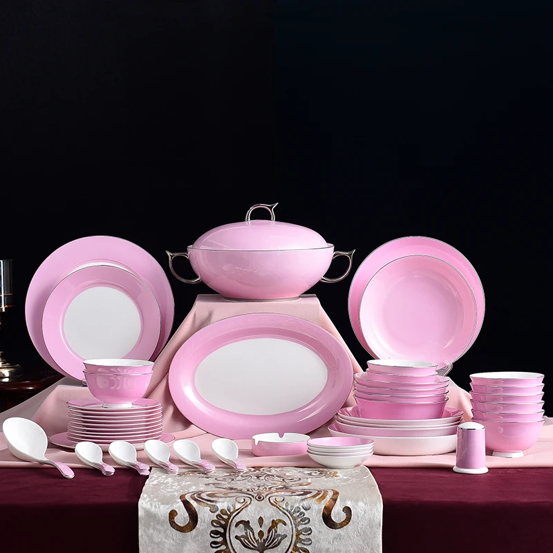 

52 Pcs Porcelain Bowl Tableware Set European-Style Household Ceramic Bone China Bowls Plates Pink Plate Set