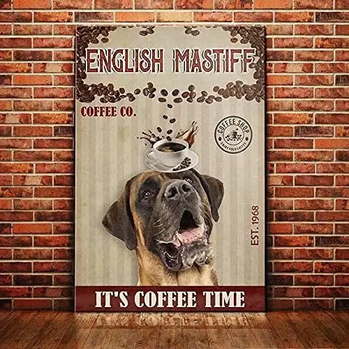 

English Mastiff Dog Metal Tin Sign Coffee Co. It'S Coffee Time Printing Poster Restaurant Living Room Cafe Wall Decor