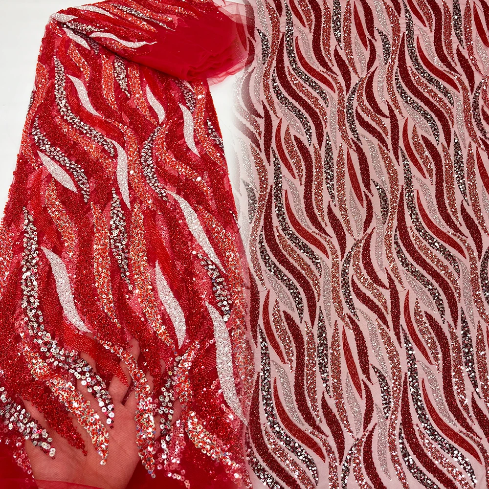 

Sinya Shiny Sequence Red African French Tulle Lace Fabric High Quality Luxury Beaded Wedding Embroidery Bridal Lace Materials
