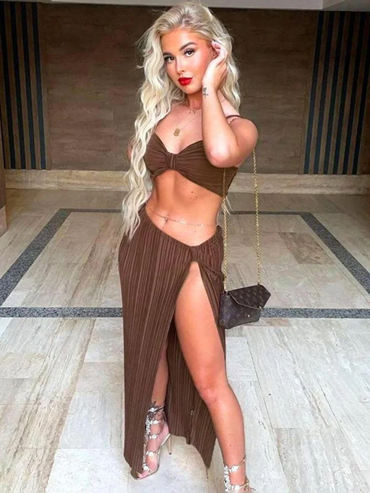 

Sibybo Women's Long Dress Set Solid Color Sling Pleated Little Vest+Long Slit Dress Two Piece Set For Women Sexy Party Clothes