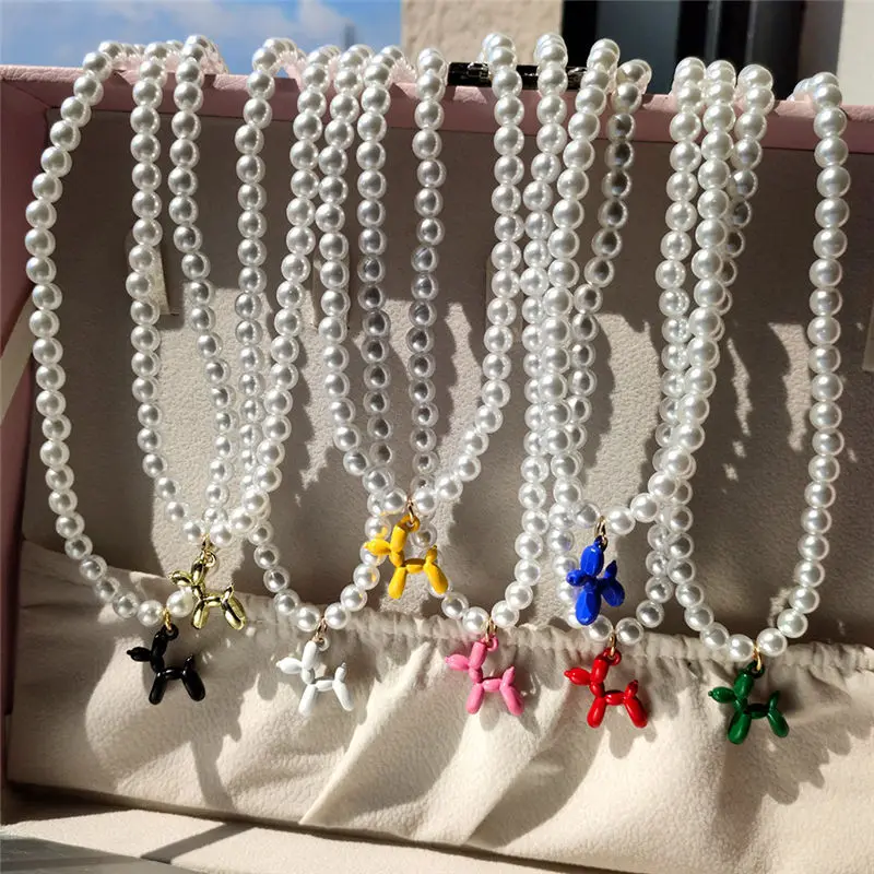 

2ND Y2K Aesthetic Balloon Dog Pearl Beads Pendant Necklace For Women Girl Fashion Cute Colorful Cartoon Dog Necklace Jewelry New
