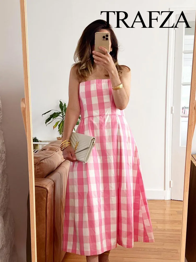 

TRAFZA Women Sweet Pink Rustic Sleeveless Backless Dress Striped Cute Cotton Dress Casual Dresses 2023 Summer Strapless Dress