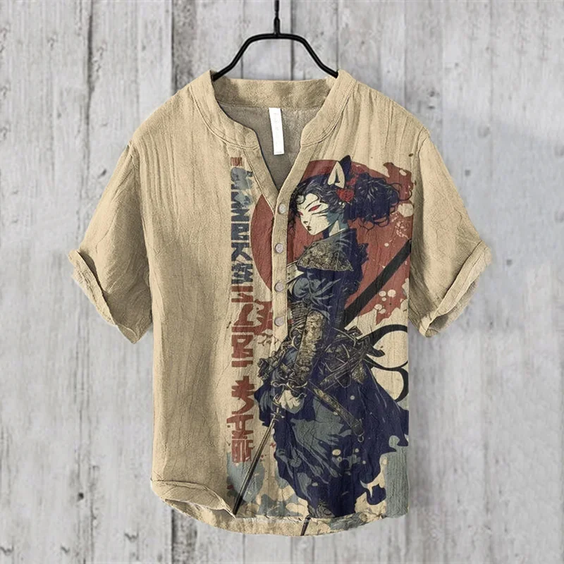 Рубашка мужская на пуговицах с V-образным вырезом и 3D-принтом