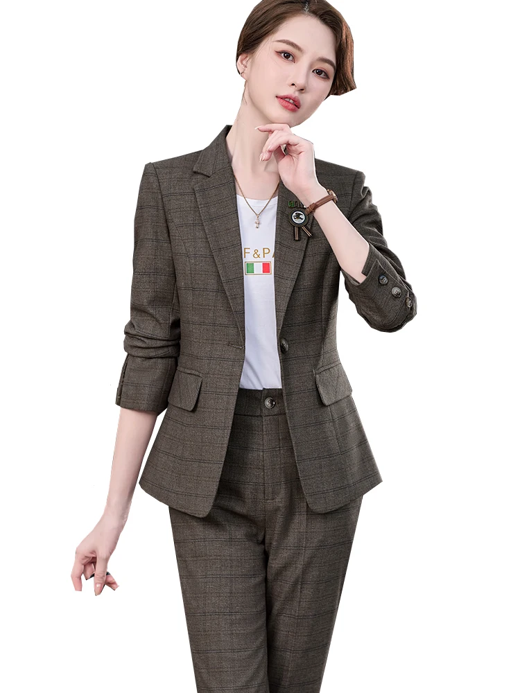 Pink Gray Brown Red Black Blue Plaid Women Pant Suit Office Ladies Female Business Work Wear Formal 2 Piece Set