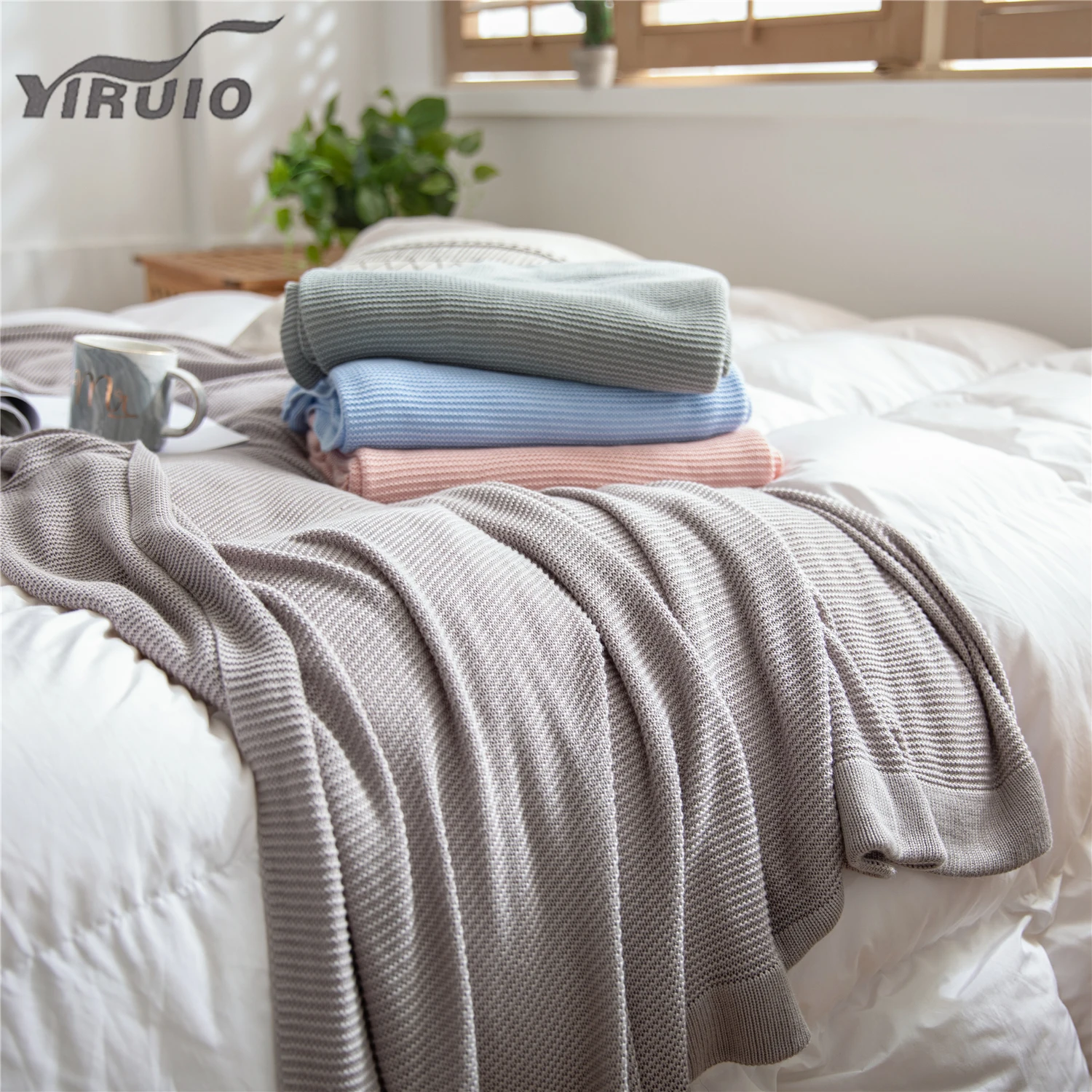 

YIRUIO Summer Cooling Bamboo Knitted Blanket Army Green Gray Blue Pink Cable Knit Breathable Air Conditioning Room Bed Nap Quilt