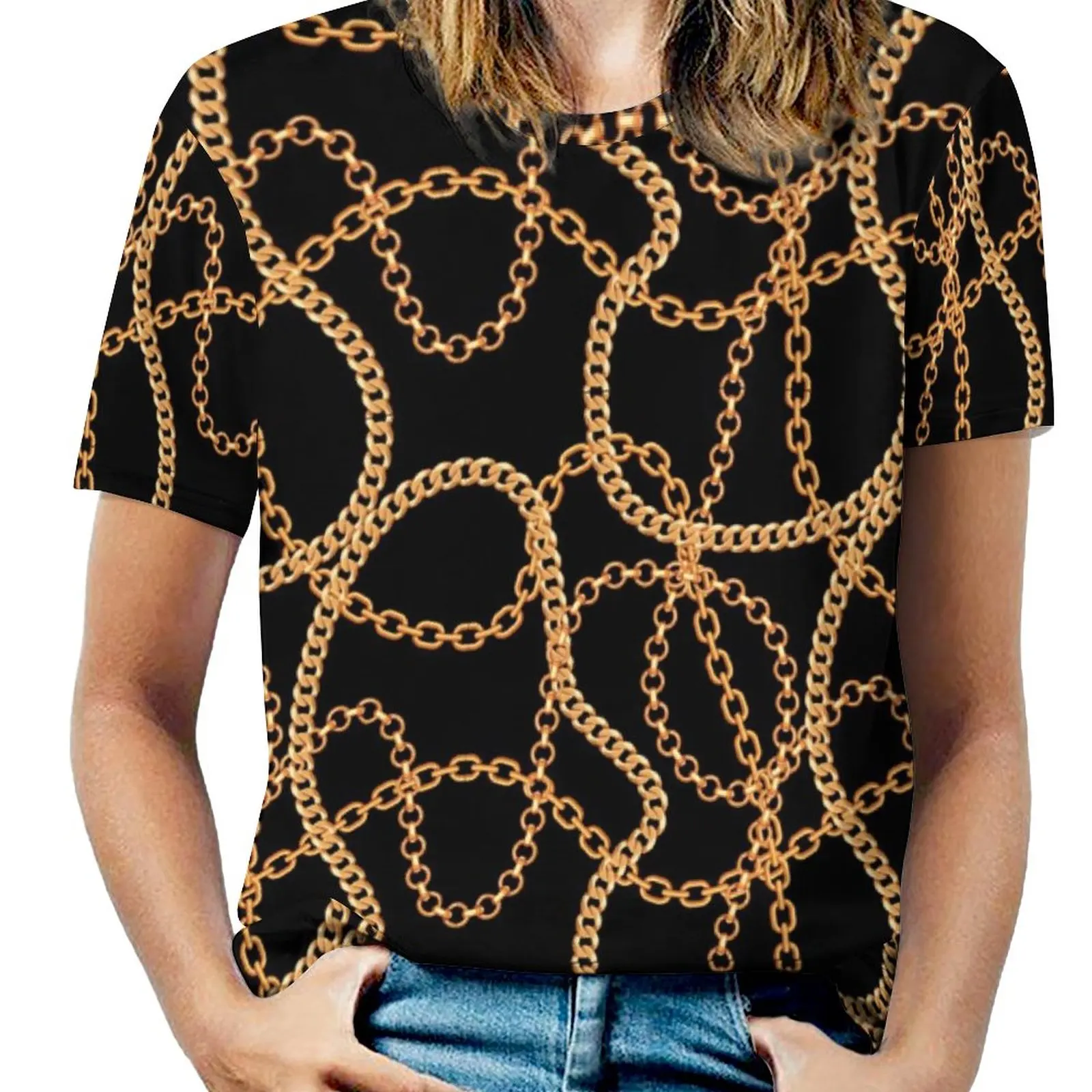 

Chain Print T Shirts Gold Chains Luxury Street Style Big Size T Shirt Short Sleeve Womens Modern Tee Shirt Beach Custom Tops