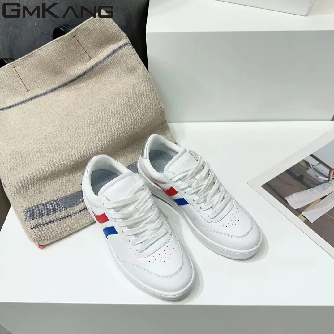 Thick soled casual shoes for women, genuine leather lace up small white shoes for women, round toe casual flat bottomed sports s