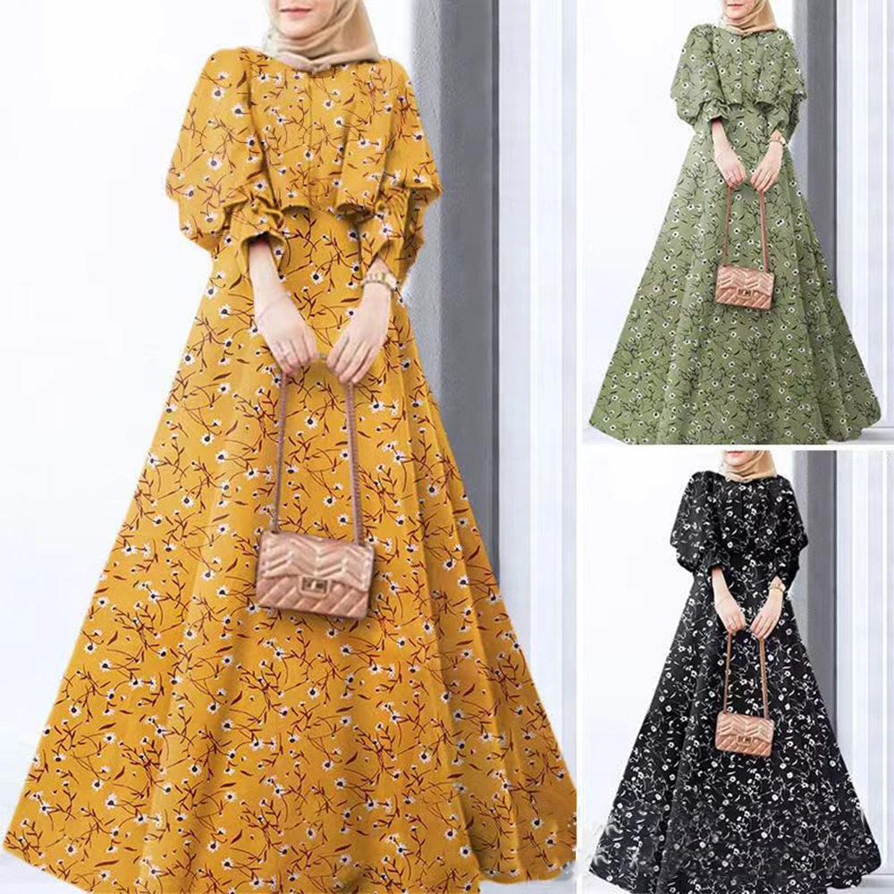 

2023 New Women's Long Sleeve Floral Print Long Dress Casual Bohemian Muslim Vest Robe Dubai Middle East Arab Ethnic Sundress