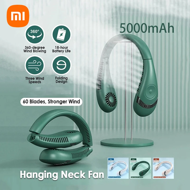 

XIAOMI Rechargeable Portable Fan Hanging Neck Fan 5000mAh Foldable Summer Air Cooling USB Bladeless Mute Neckband Fans For Sport
