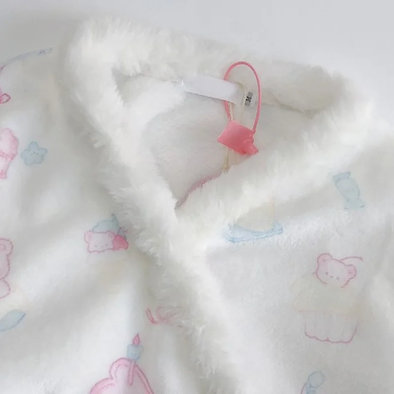 QWEEK Warm Coral Velvet Women's Pajamas Set Trouser Suits Kawaii Two-piece Cute Soft Japanese Sweets Home Wear Clothes