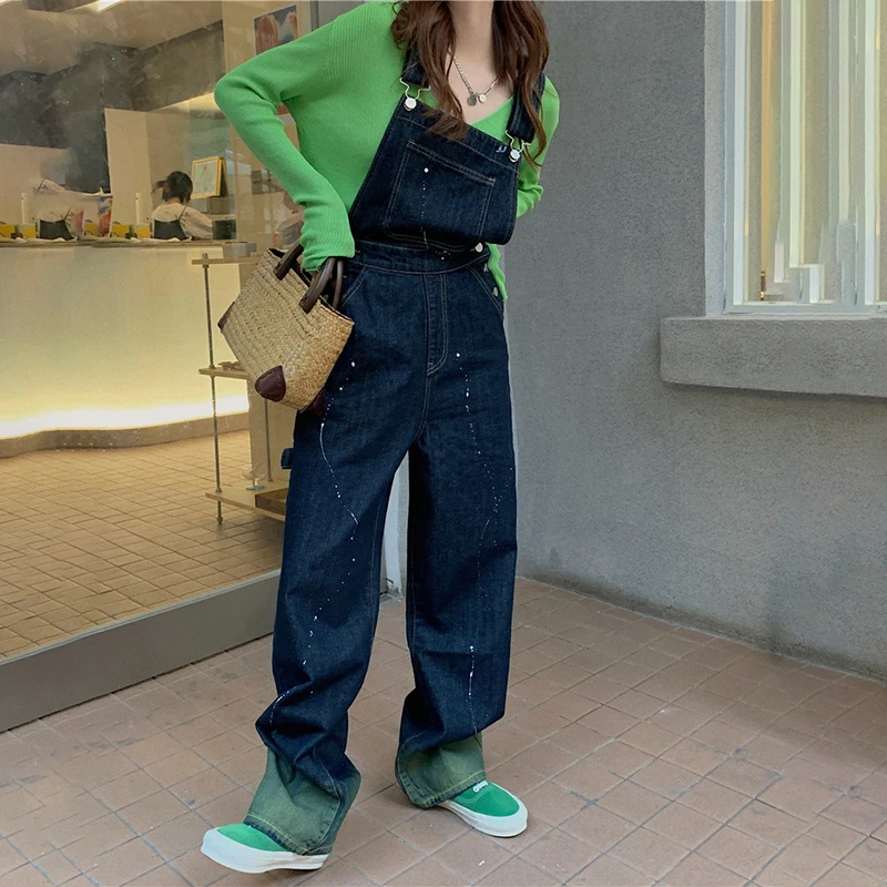 

New Spring Casual Women Denim Jumpsuit Y2k Streetwear Baggy Rompers Femme Blue Overalls Retro Splash Dye Jeans Trousers Mujer