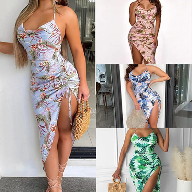 

Tropical Leaves Flowers Print Halter Slit Dress Women Sexy Sleeveless Draped V-Neck Wrapped Sundress Party Vacation