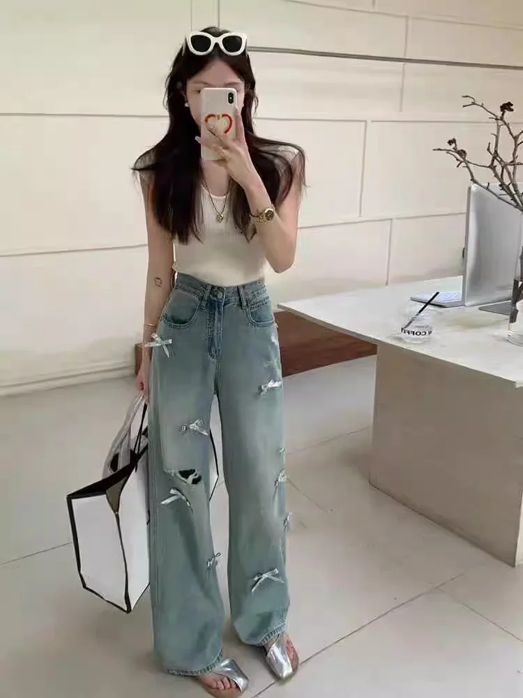 Американские винтажные прямые джинсы с высокой талией и бантом для женщин