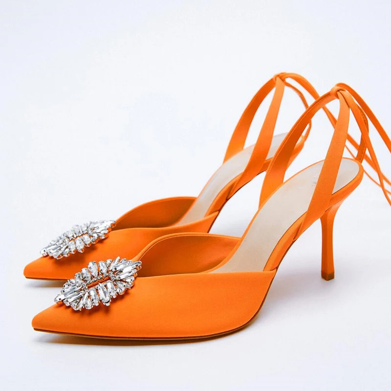 

New Heeled Sandals Shallow Mouth Comfort Shoes Women Large Size Orange Black Lace Up Girls Clear Pointed Stiletto High Heels