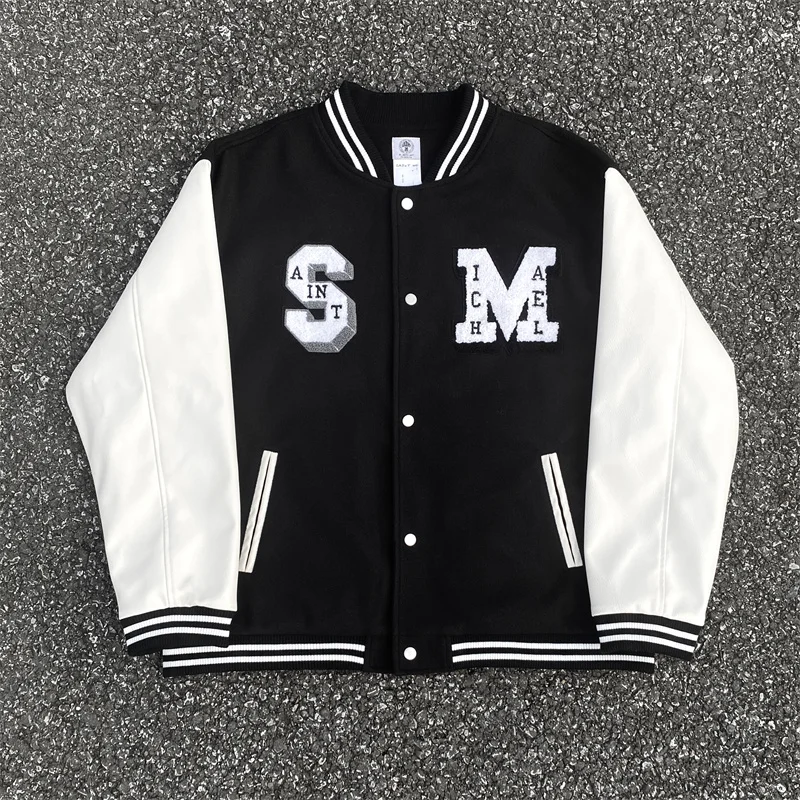 

Saint Michael 23ss New Saint Of God Embroidered Quilted Thickened Leather-Sleeve Stitched Baseball Jacket
