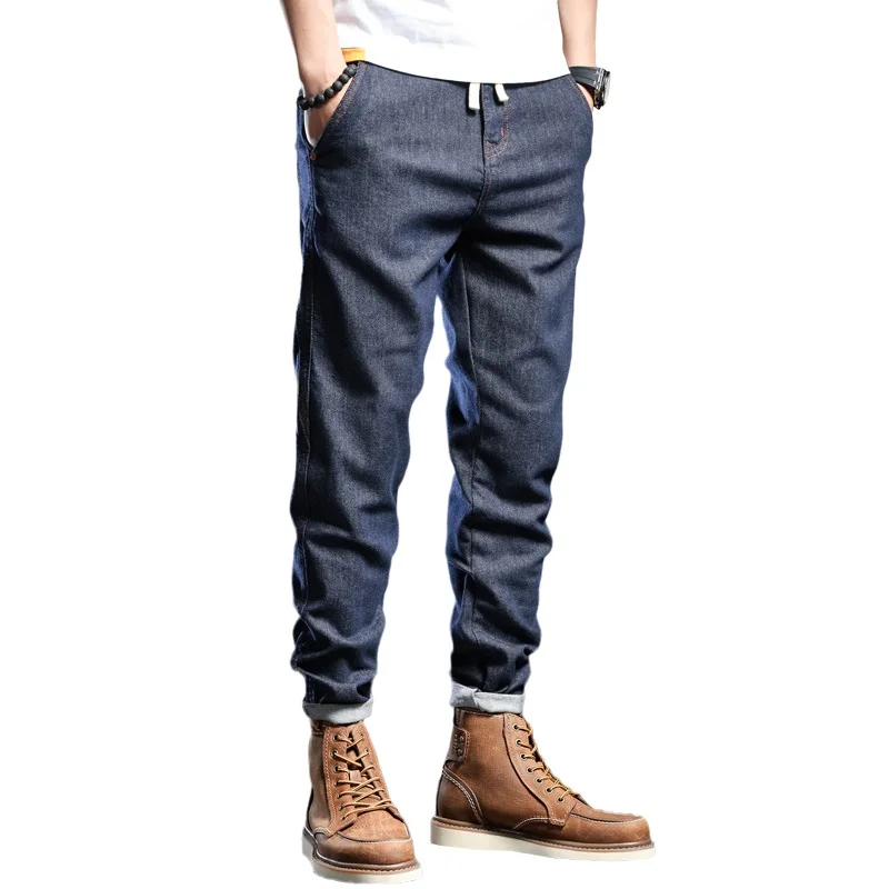 2022 Summer Men Jeans Casual Blue Pencil Pants Thin Jean Fashion Streetwear Drawstring Denim Trousers