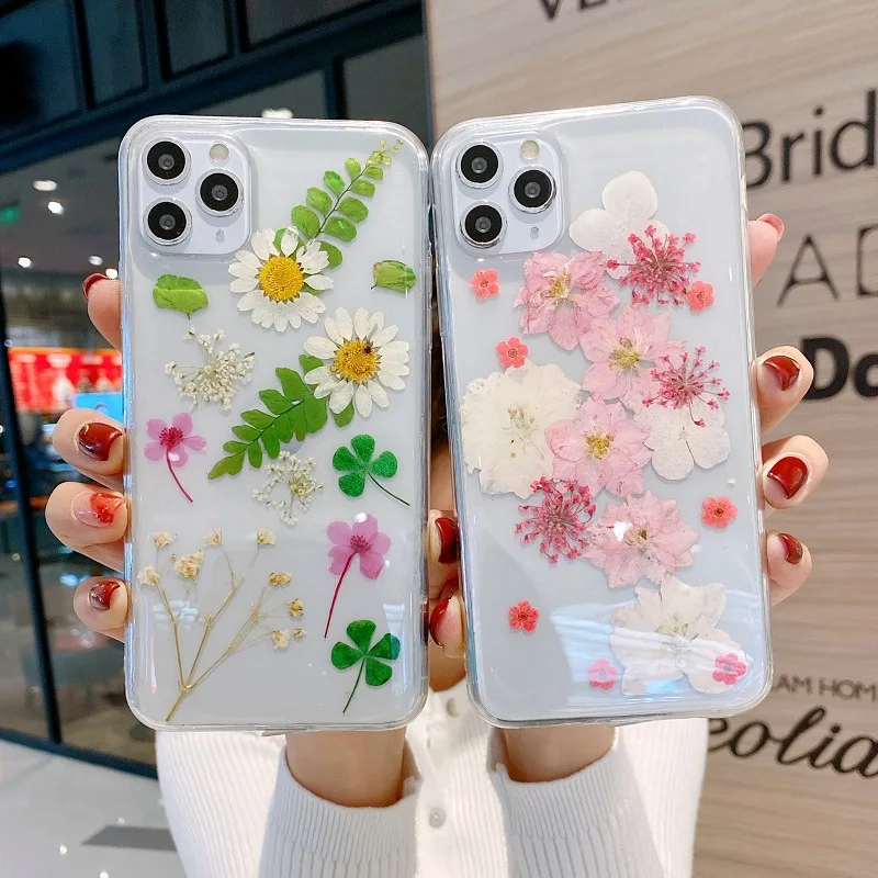 

Real Flower Floral Bling Glitter Mobile Phone Case for iPhone 14 13 12 11 XR XS 8 7 6 Mini Plus Pro Max