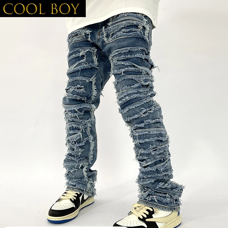 E BOY Retro Hole Ripped Distressed Jeans for Men Straight Washed Harajuku Hip Hop Loose Trousers Vibe Style Casual Jean Pants