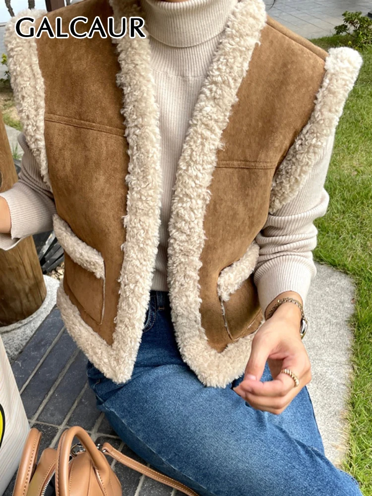 

GALCAUR Korean Vintage Spliced LambsWool Waistcoats For Women V Neck Sleeveless Patchwork Pockets Casual Colorblock Vest Female