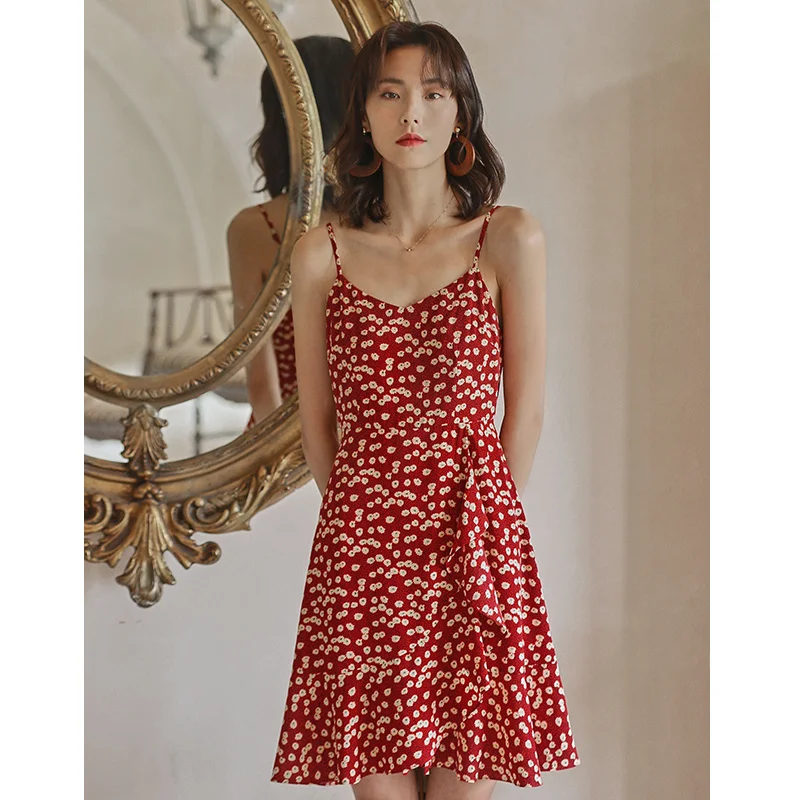 Chiffon Red French Small Floral Dress Beach Holiday Girl Summer Small Sling Dress