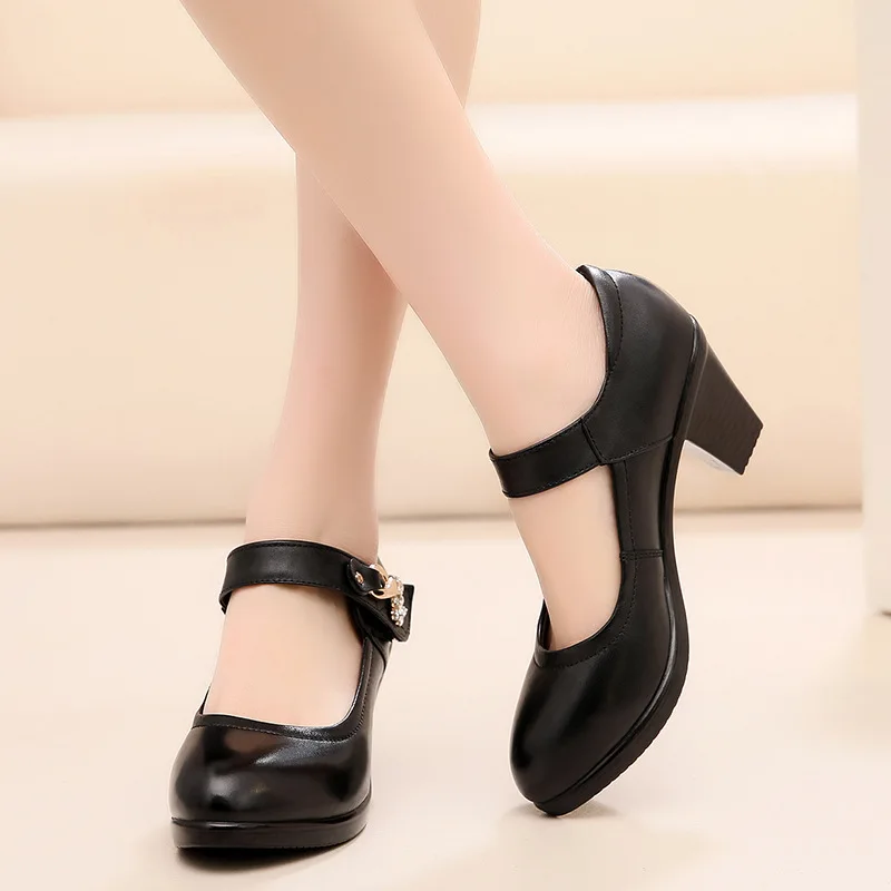Genuine Leather Round Head 6CM Thick Heel Show Model Shoes Hook&Loop Middle Heel Square Dance Shoes Women's Work Footwear