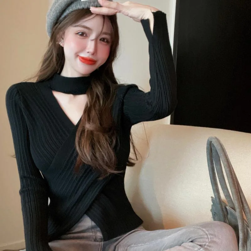 

Women Pullover V Neck Hanging Knitting Base Coat New Autumn and Winter Sweater Sexy Slim Top Fashion Casual Lady Solid Clothes