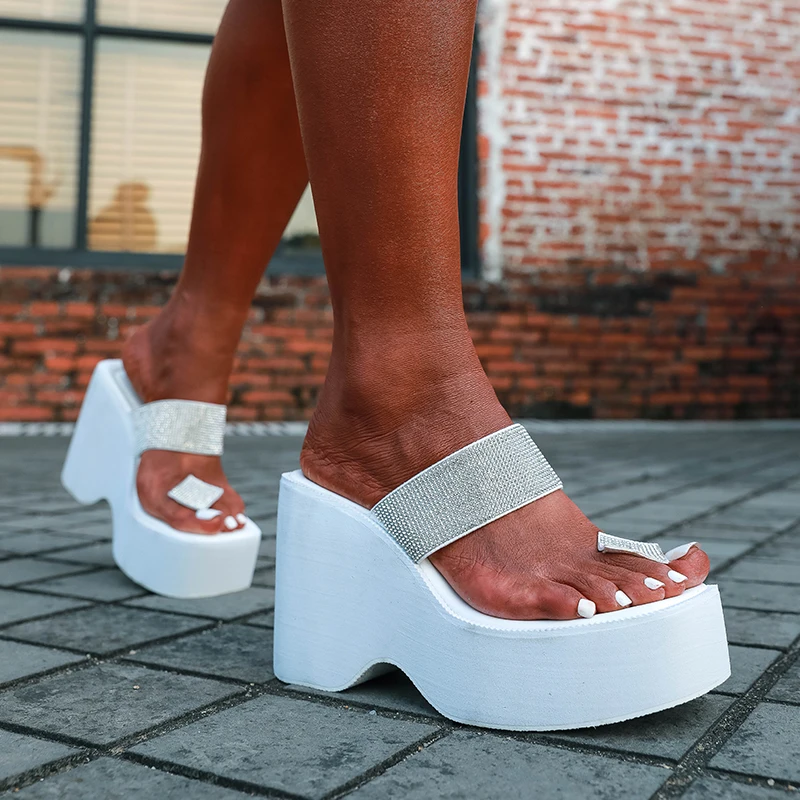 Wedges Square Toe Platform Rhinestone Women's Slippers Size 35-43 Summer Gladiator Women Shoes Flip Flops High Heels Slides Sexy