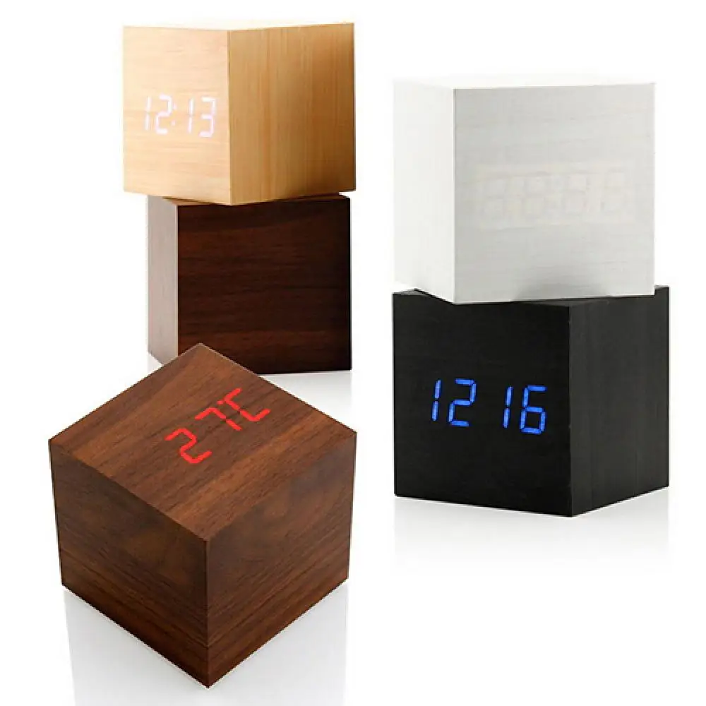 

Modern Wooden Cube Digital LED Thermometer Timer Calendar Desk Alarm Clock Desk Table Kitchen Accessories Compact Retro Nodic