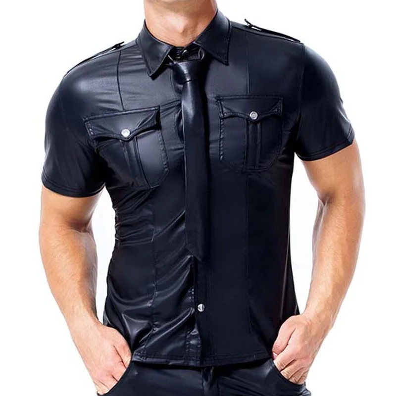 

Faux Leather Men Short Sleeve T-shirts Breathable Undershirts Tops Tees Party Night Stage Dance Clubwear Slim Fitness Tight Tops