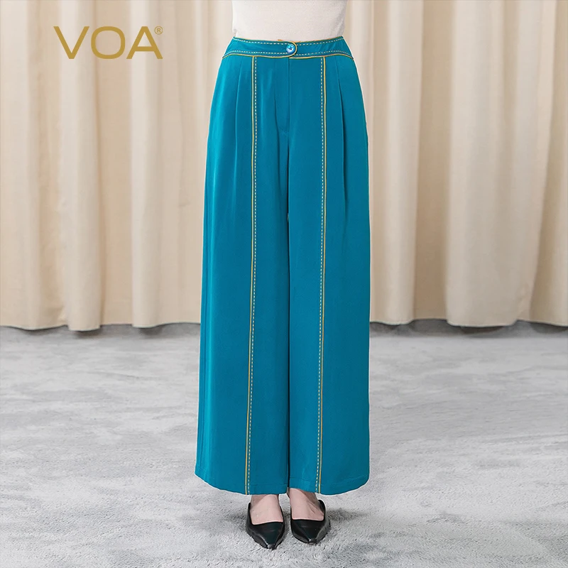 

VOA Silk 30m/m Blue Mid Waist with One Button Yellow Thread Arch Needle Flat Insert Pocket Pleated Long Wide Leg Pants KE196