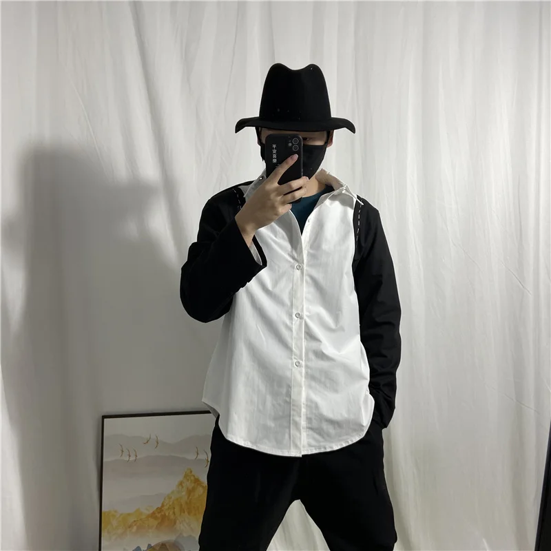 Men's Black White Spring And Summer New Japanese Large Simple Stitched Casual Long Sleeve Shirt