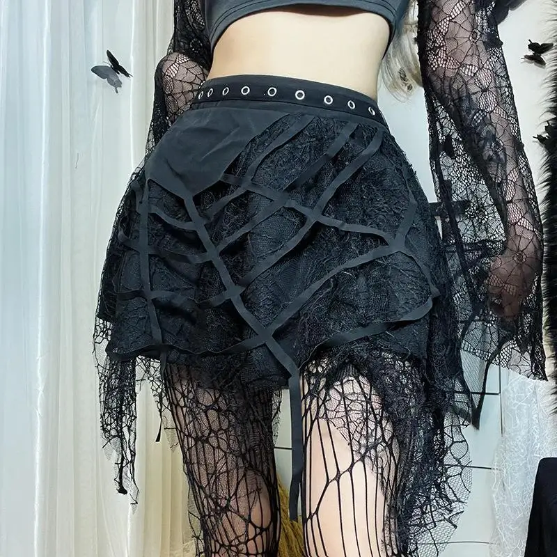 

Spider Web Gothic Dark Black Punk Mini Skirts for Women Girls Mesh High Waist Skirt Fanatical Summer Women Party Alt Clothes