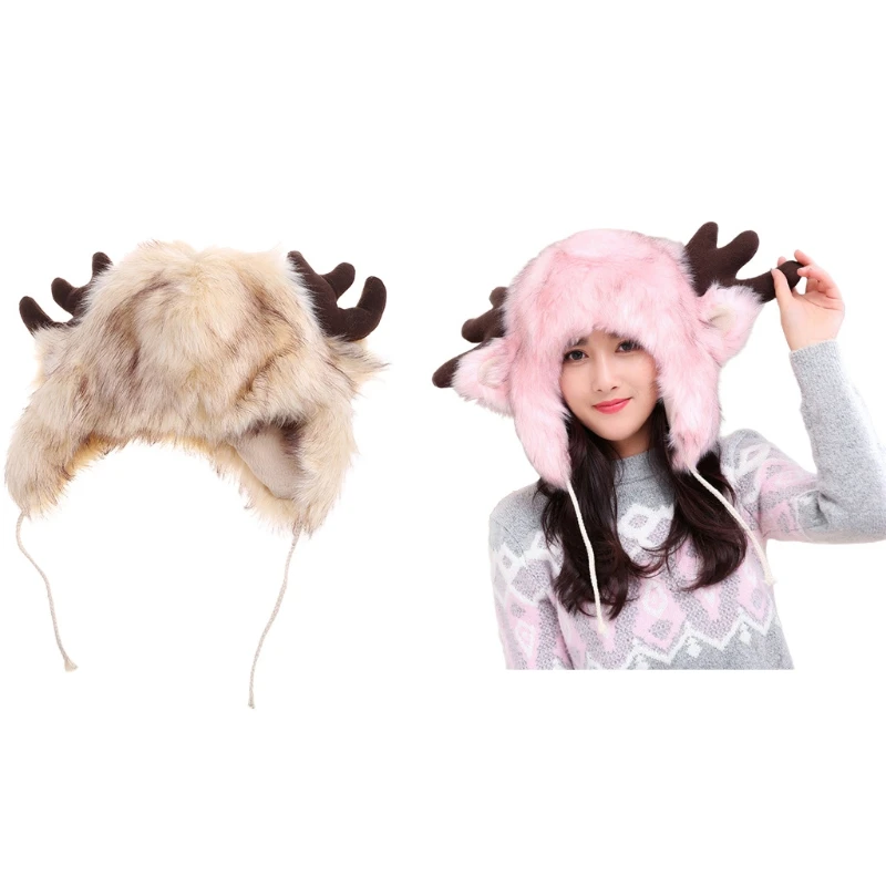 

Winter Earmuffs Hat for Women Warm Thicken Faux Fleece Plush Hat Cute Deer Antlers Ear Outdoor Skull Earflap Trapper