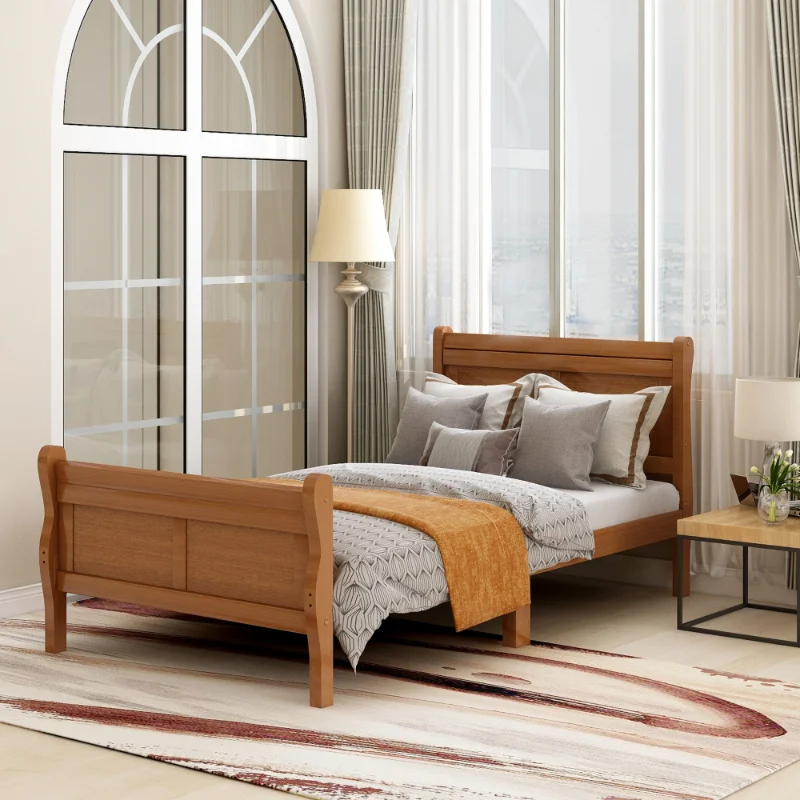 Mattress Foundation Sleigh Bed With Headboard/footboard/wood Slat Support Oak