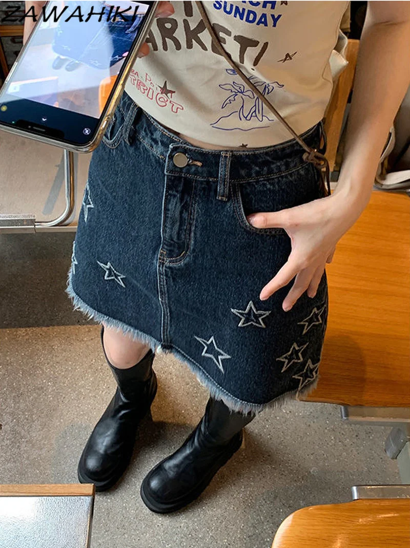 

Grunge Gothic Star Embroidered Mini Skirt Vintage High Streetwear Retro Waist Denim Skirt Korean Fashion Women Clothes 90s Dress