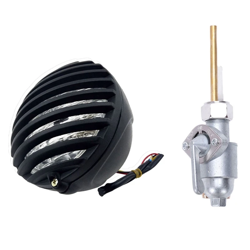 

New1 Pcs 5 Inch Motorcycle Headlight Grill Prison Chopper Bobber Head Light Lamp & 1 Pcs Fuel Valve Petcock