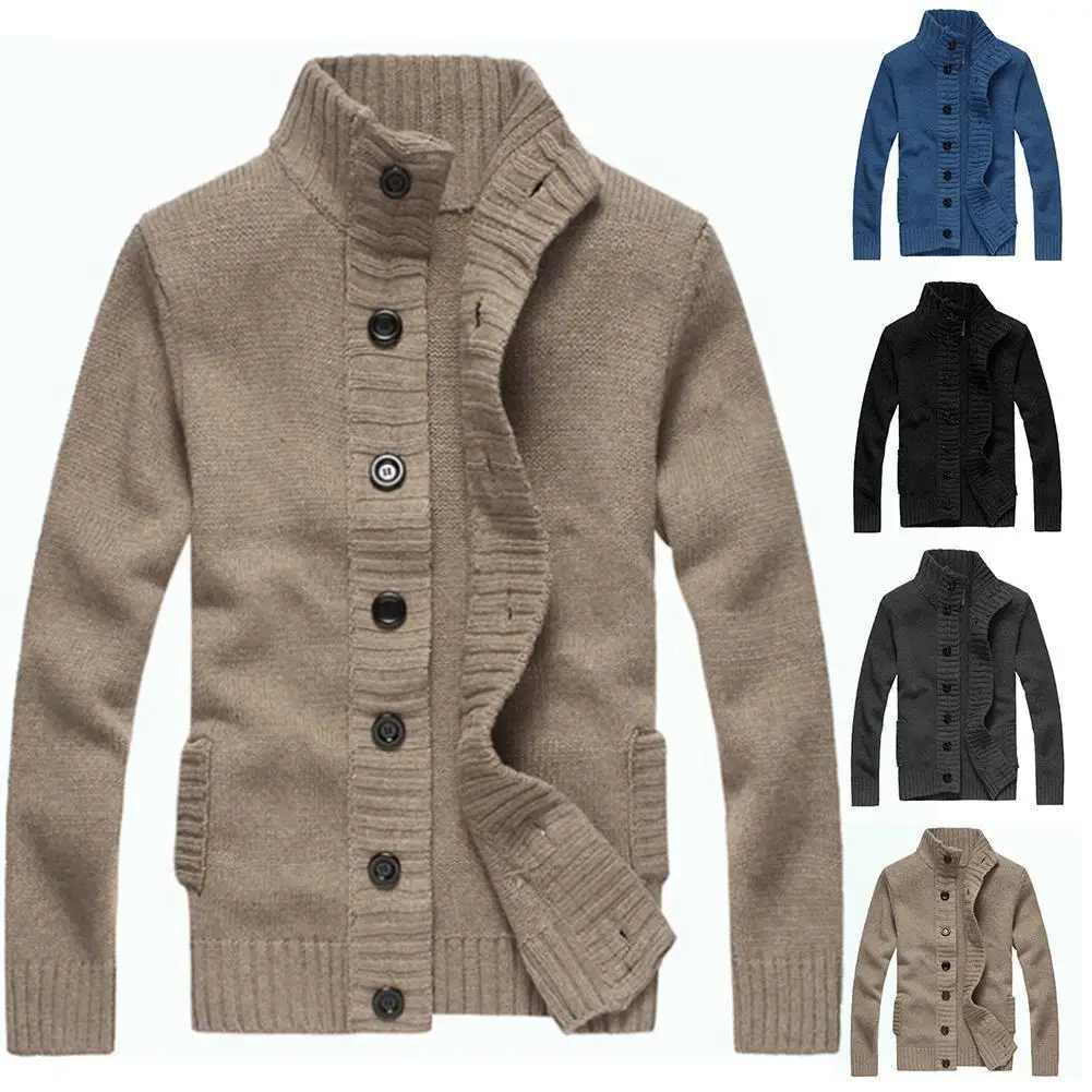 

Men Autumn Stand Collar Buttons up Pockets Knitted Sweater Thickened Warm Coat cardigan men
