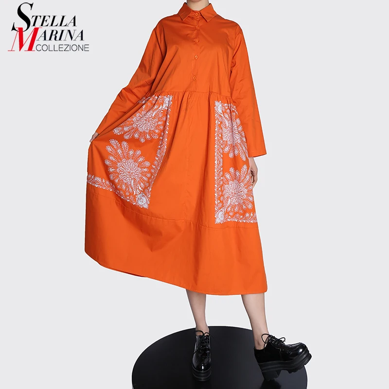 

New 2022 Spring Printed Fashion Full Sleeve Straight Orange Shirt Dress Loose Fit Plus Size Casual Large Streetwear Robe mjq9422