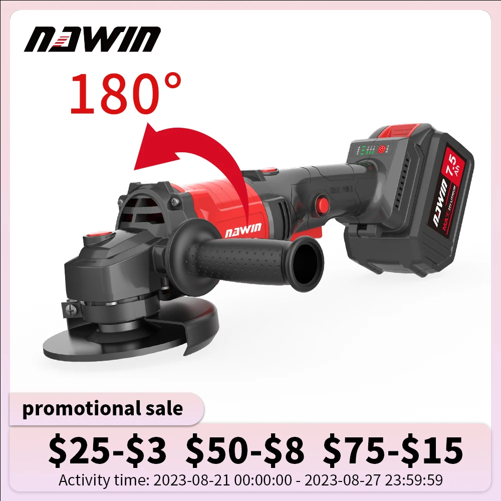 NAWIN 125mm 3 Speed Brushless Electric Angle Grinder Grinding Machine Cordless DIY Woodworking Power Tool For 20V Lithium
